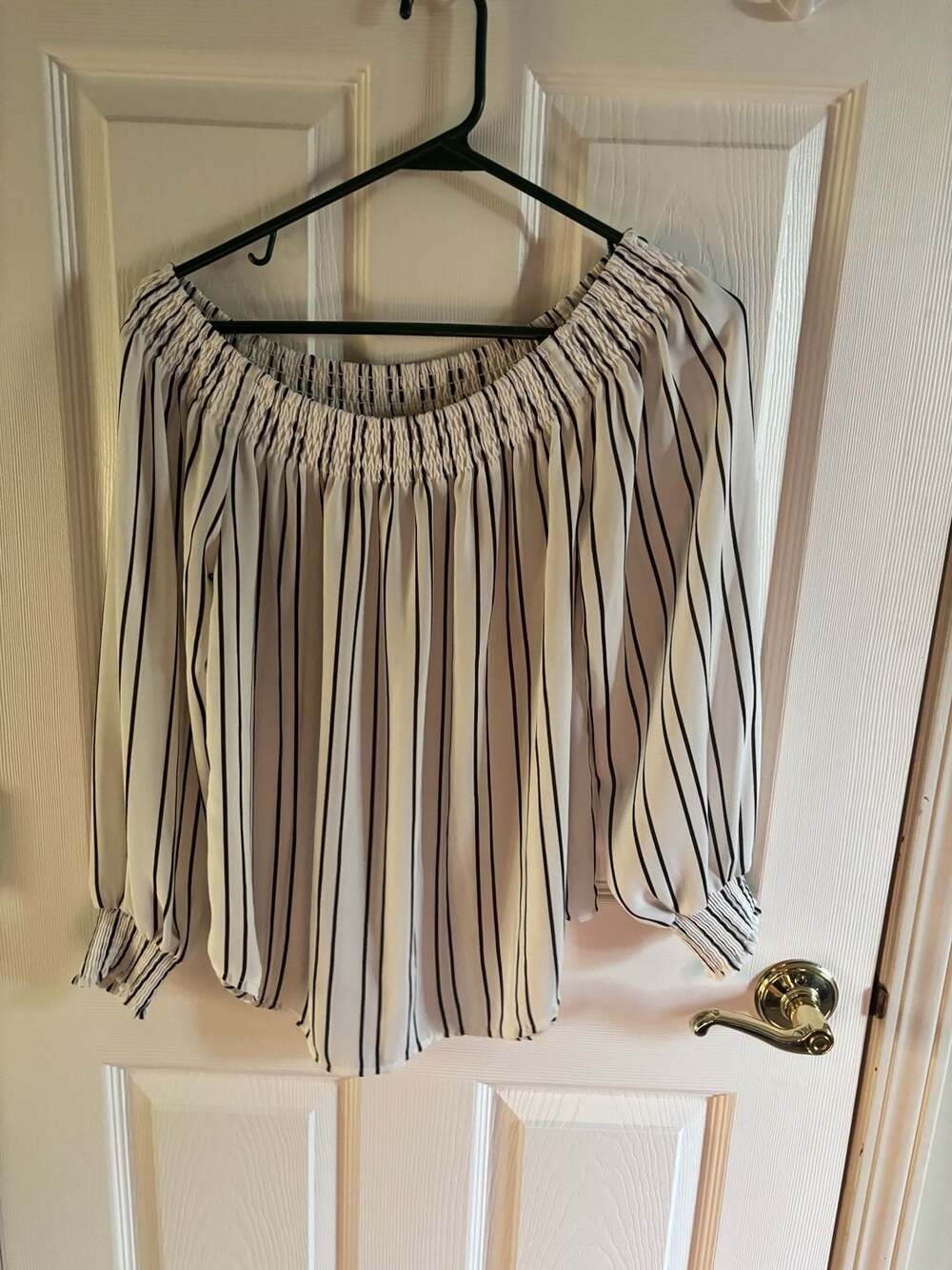 Express Off The Shoulder Blouse White Black Striped